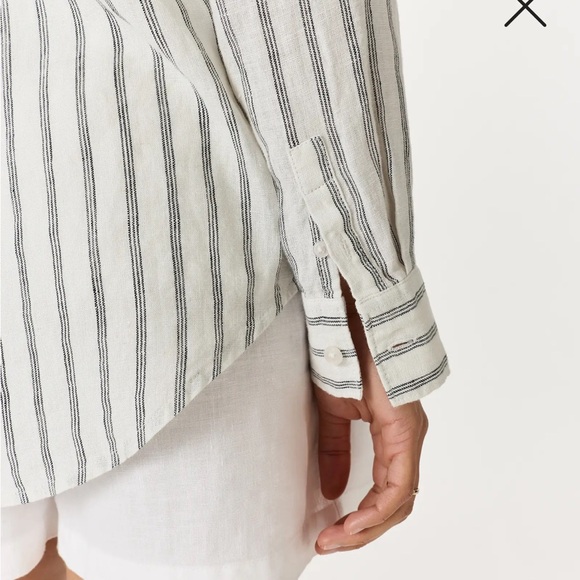 QUINCE XS European Linen Button Up Shirt Top Oatmeal Black Stripe Collar - Picture 3 of 9